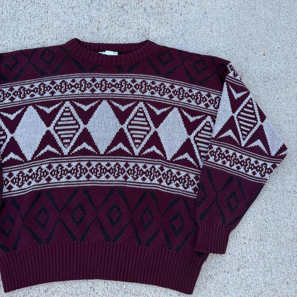 Vintage knit sweater 80s burgundy multicolor xl boxy